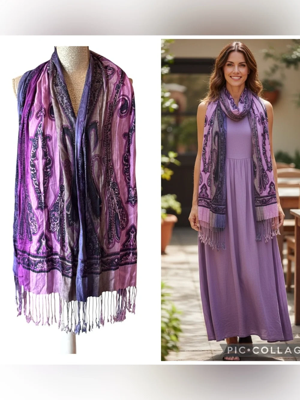 Boho Paisley Fringe Rayon Scarf Purple Pink Blue OS Made in India